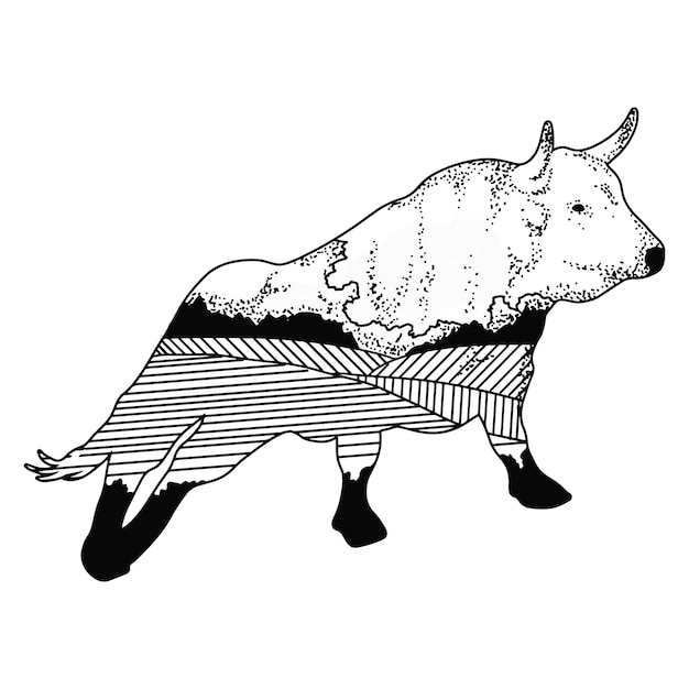 Vector double exposure effect hand-drawn bull illustration