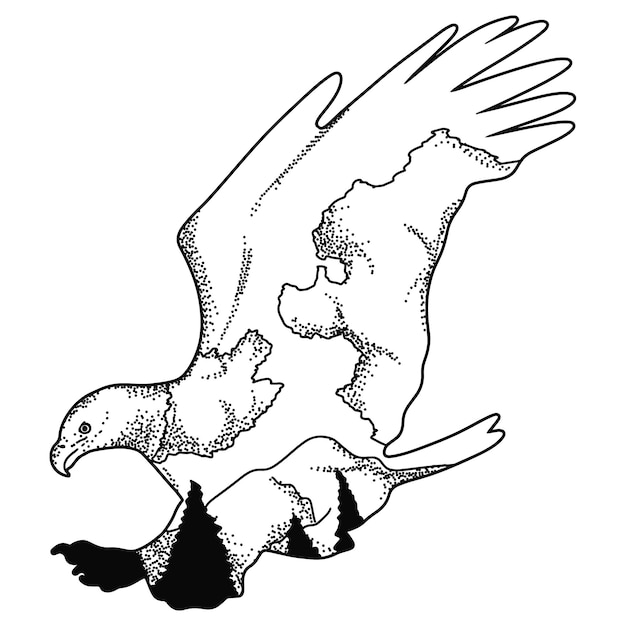 Vettore illustrazione dell'aquila disegnata a mano a doppia esposizione