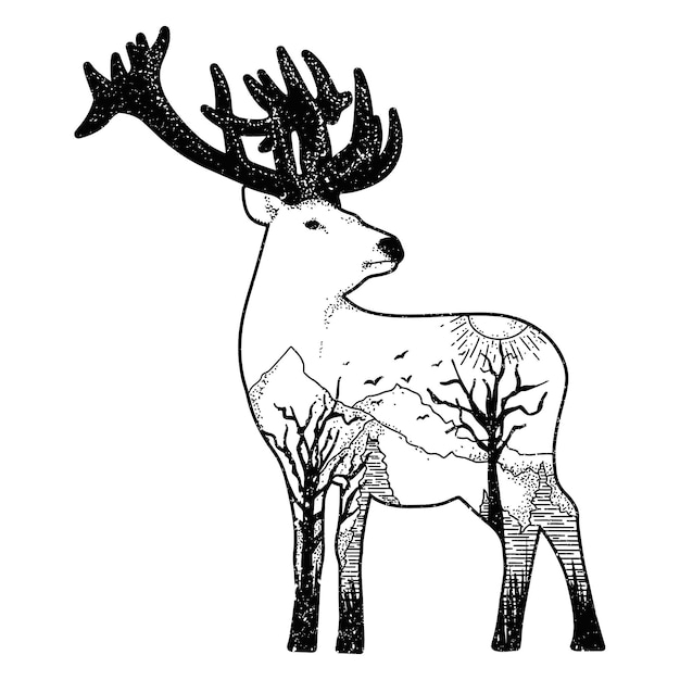 Vettore illustrazione di cervo maschio disegnato a mano a doppia esposizione