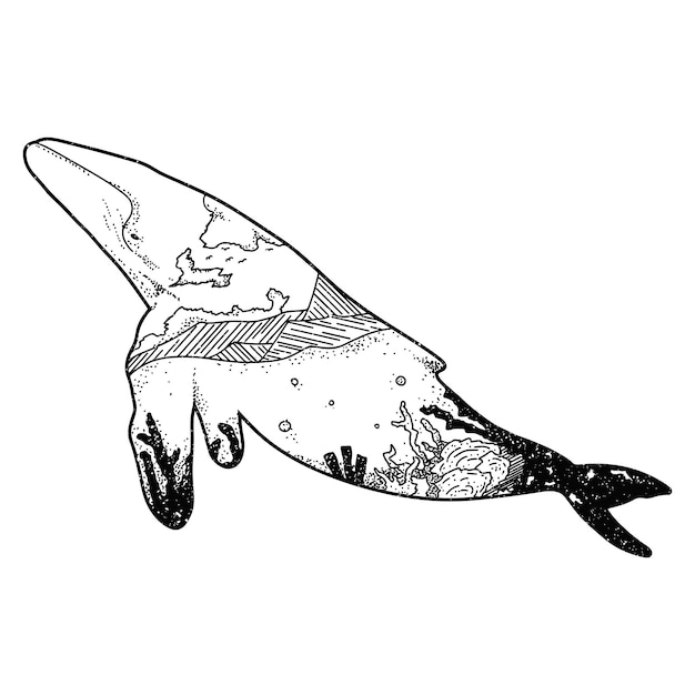 Vector double exposure hand drawn whale illustration