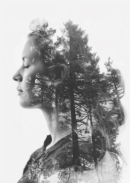 Vector double exposure of a woman head with beautiful nature forest landscape