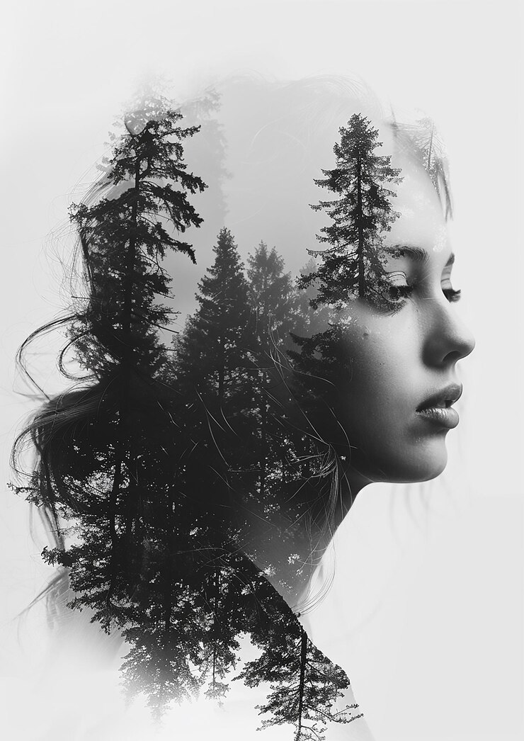 Vector double exposure of a woman head with beautiful nature forest landscape