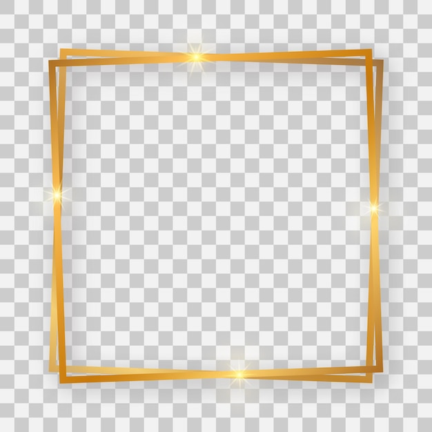 Двойная золотая блестящая квадратная рамка со светящимися эффектами и тенями на прозрачном фоне. векторная иллюстрация