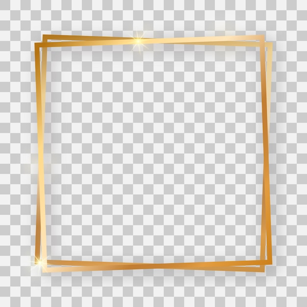 Double gold shiny square frame with glowing effects and shadows on transparent background. vector illustration