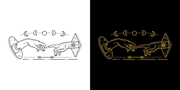 Vettore doppia mano con disegno geometrico del tatuaggio monoline di fase lunare