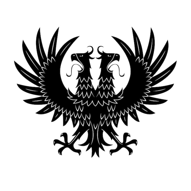 隆起した翼と長い舌を持つ大きく開いたくちばしを持つ双頭の黒いワシのシンボル。中世の王室の紋章または紋章のデザインの使用法