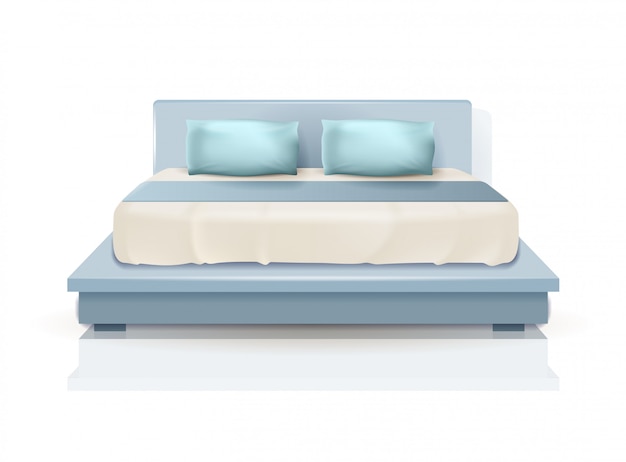 Vector double king size bed with blue pillows and blanket