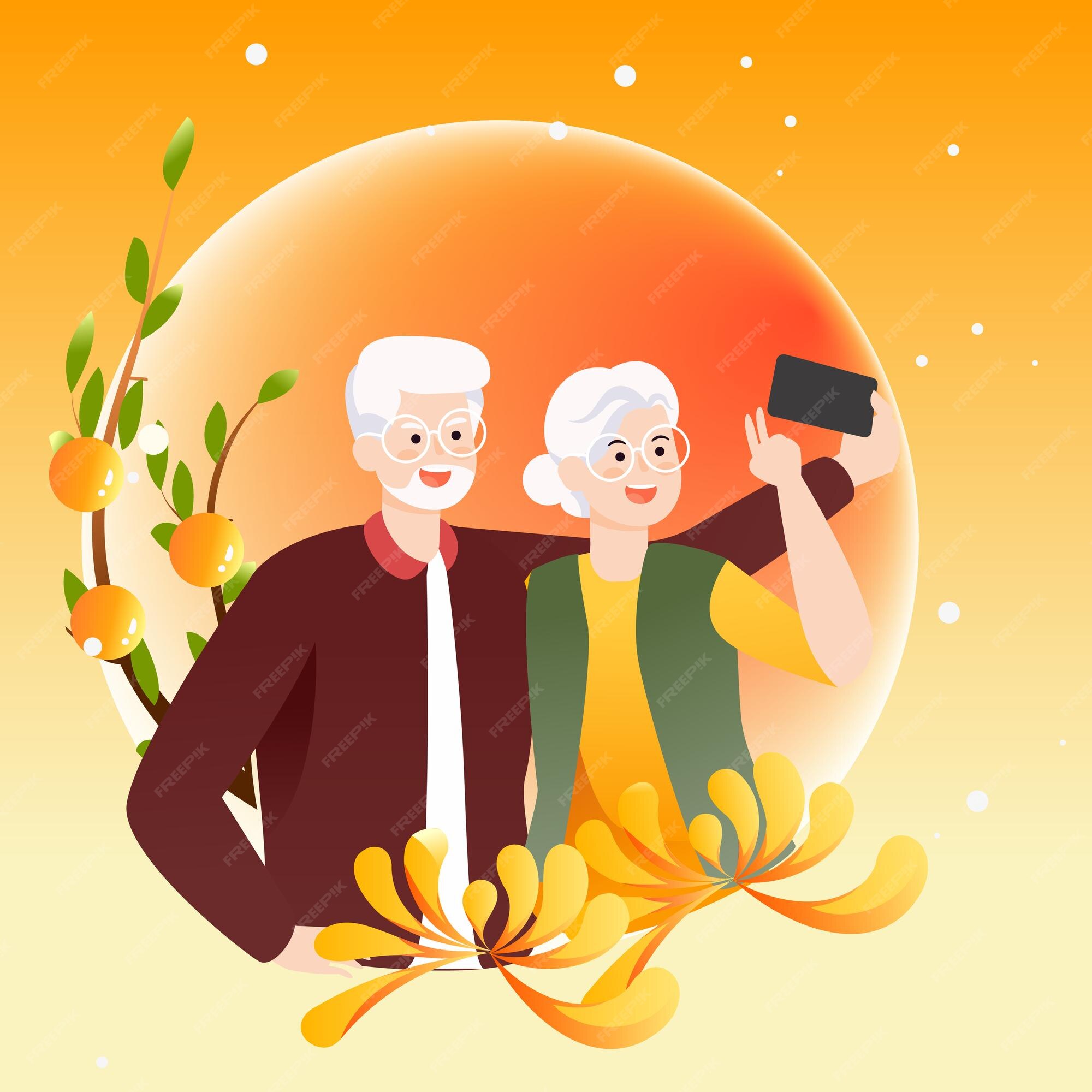 Premium Vector | Double ninth festival, elderly couple climbing mountains  with chrysanthemums and mountains