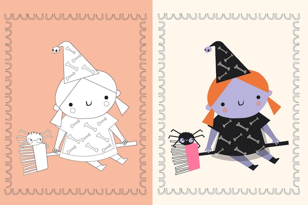 a double page with an illustration of the witch in color and without color for children coloring bo