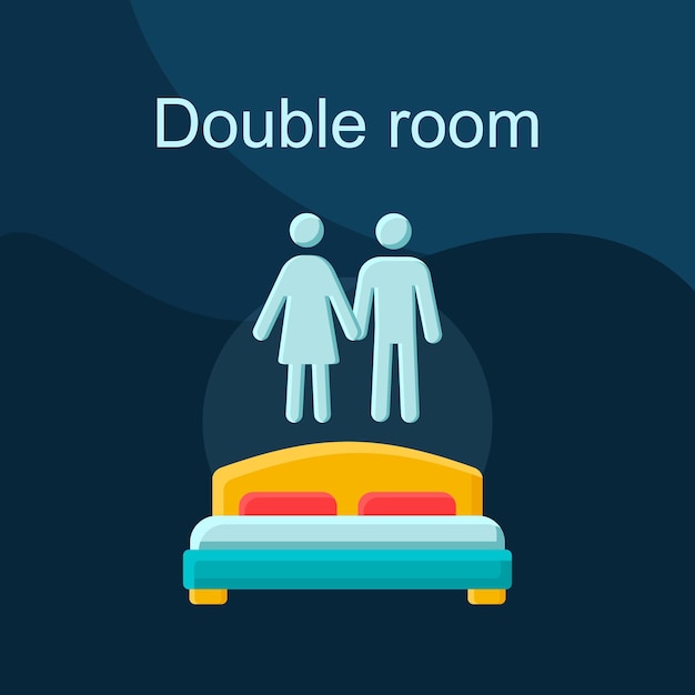 더블룸 평면 개념 벡터 아이콘입니다. 호스텔, 기숙사 예약 아이디어 만화 컬러 일러스트 세트. 커플을 위한 호텔 스위트룸. 더블 침대가 있는 숙소. 격리 된 그래픽 디자인 요소