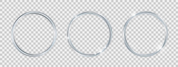 double round shiny frames with glowing effects. set of three silver double round frames with shadows on transparent background. vector illustration