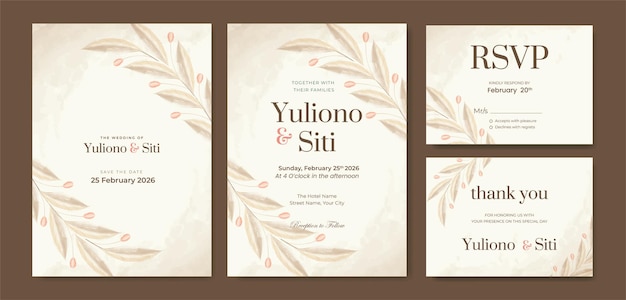 double side beautiful watercolor brown leaves wedding invitation template premium vector