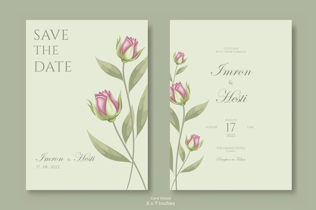 Двухсторонний красивый акварельный цветок свадебное приглашение шаблон премиум вектор