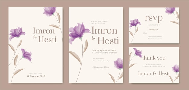 Double side beautiful watercolor flower wedding invitation template premium vector