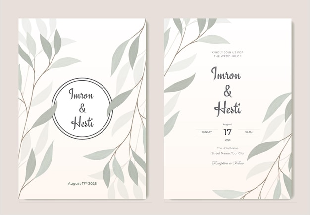 double side green leaves water color wedding invitation template premium vector