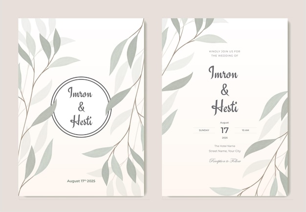 Double side green leaves water color wedding invitation template premium vector