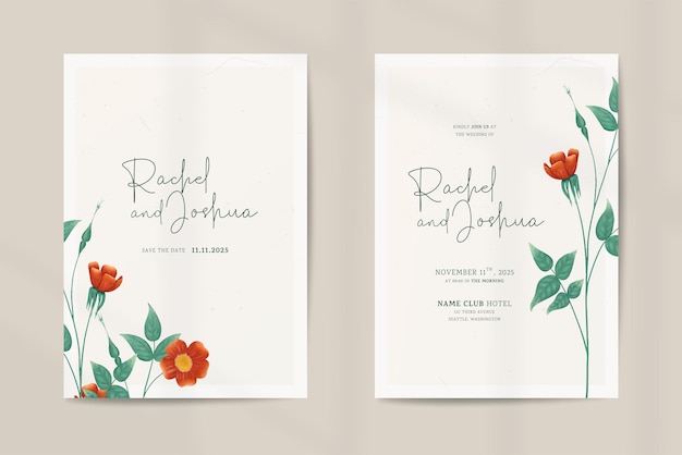 Double side modern wedding invitation template with vintage flower watercolor ornaments