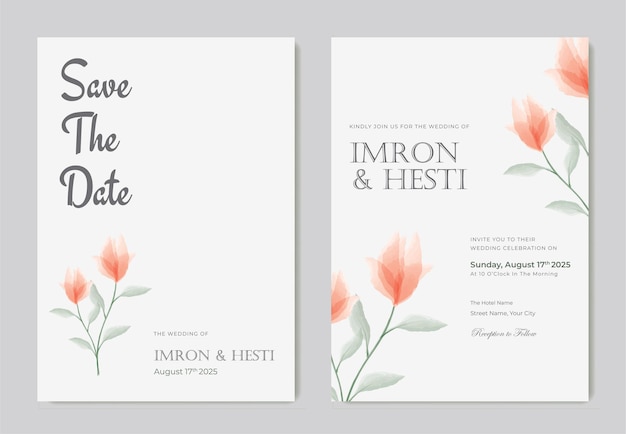 Double side red flower water color wedding invitation template premium vector