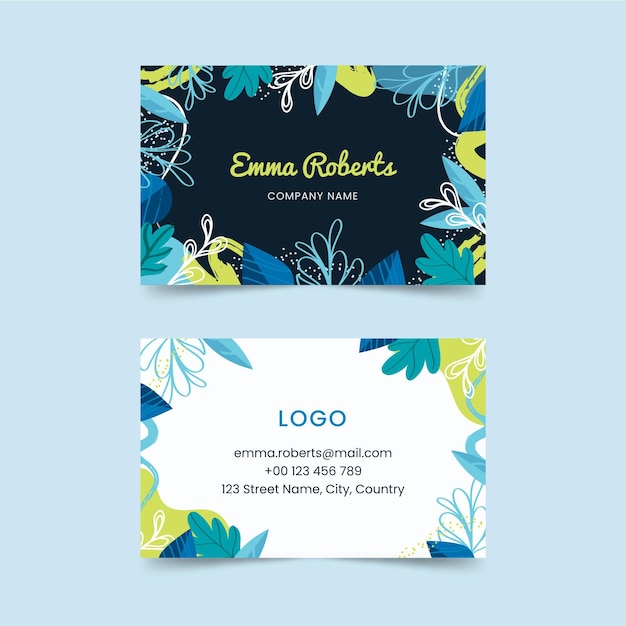 Vector double-sided horizontal business card with leaves