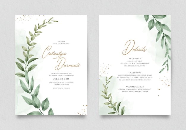 Vector double sided invitation template set with watercolor green leaves