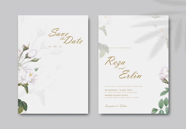 double sided simple wedding invitation with floral premium vector