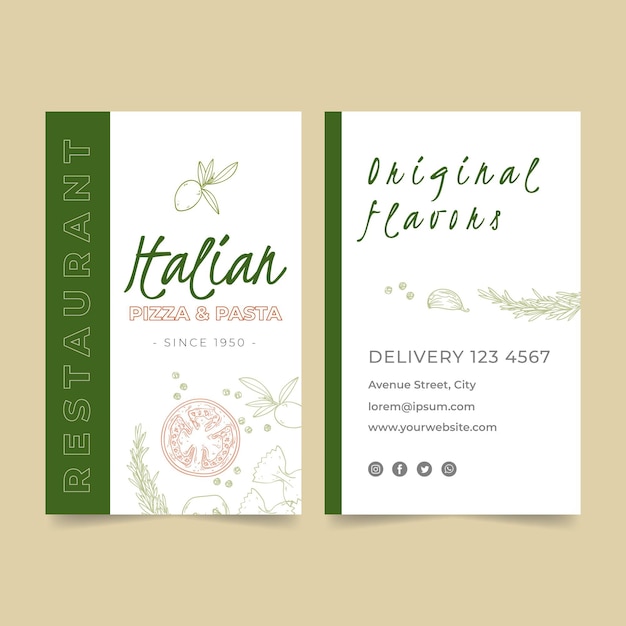 Vector double-sided vertical business card for italian food restaurant