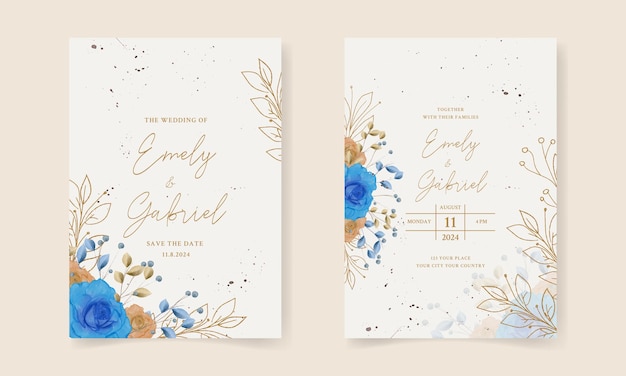 Double sided wedding invitation template with blue flower Premium Vector