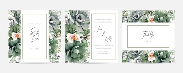 Double sided wedding invitation template with elegant watercolor browns roses