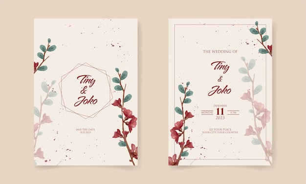 Double sided wedding invitation template with red flower premium vector