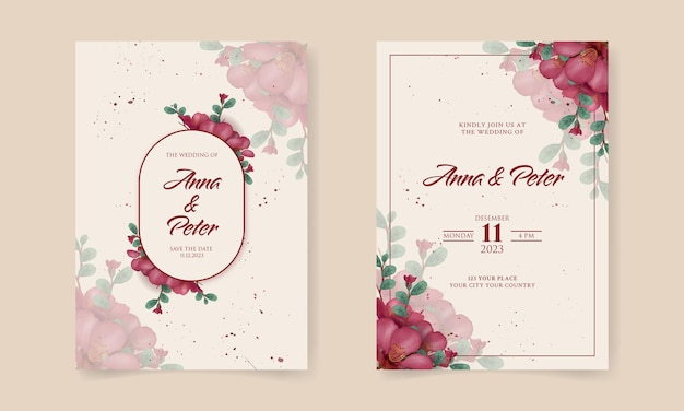 赤い花のプレミアムベクトルと両面結婚式の招待状のテンプレート