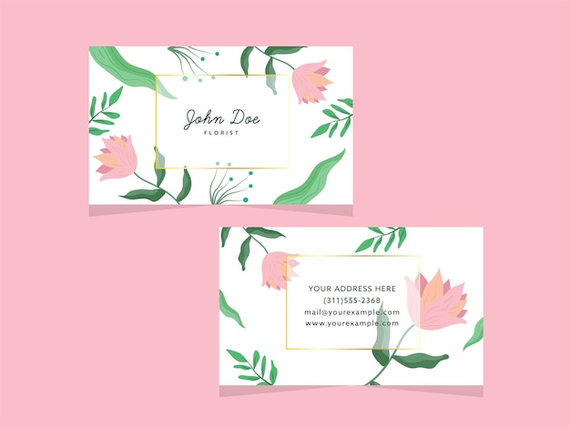 Vector double sides of floral business card design isolated on pink