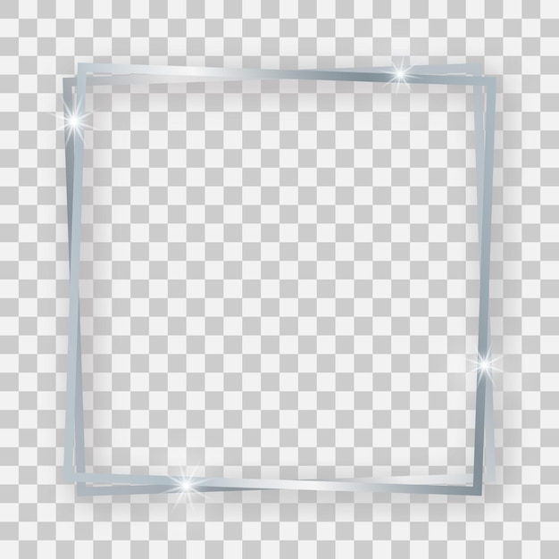 double silver shiny square frame with glowing effects and shadows on transparent background. vector illustration