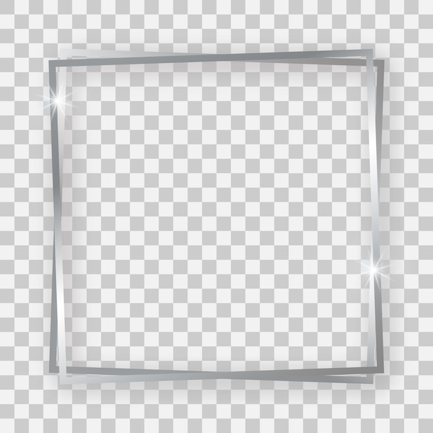 Double silver shiny square frame with glowing effects and shadows on transparent background. vector illustration