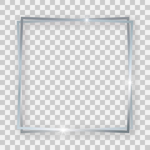 double silver shiny square frame with glowing effects and shadows on transparent background vector illustration