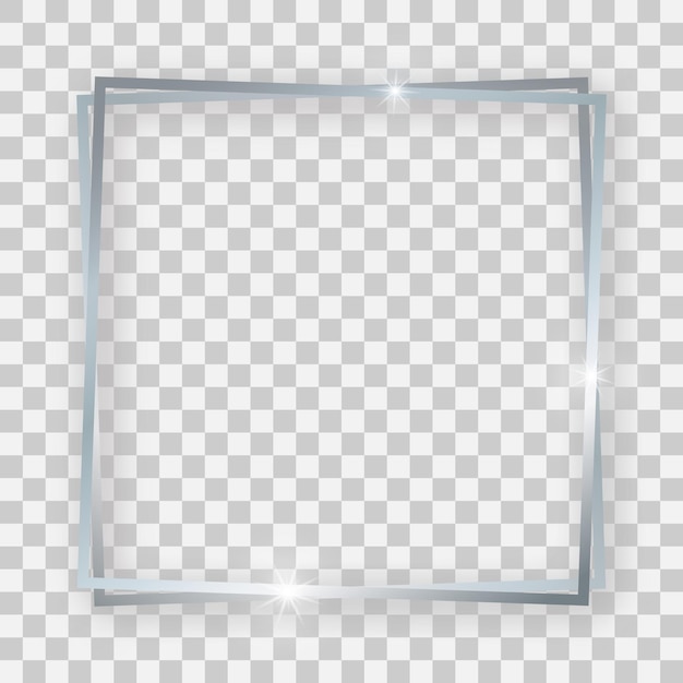 Vector double silver shiny square frame with glowing effects and shadows on transparent background vector illustration