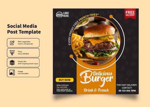 Vettore volantino per hamburger di doppia dimensione e design del poster per il modello di post sui social media