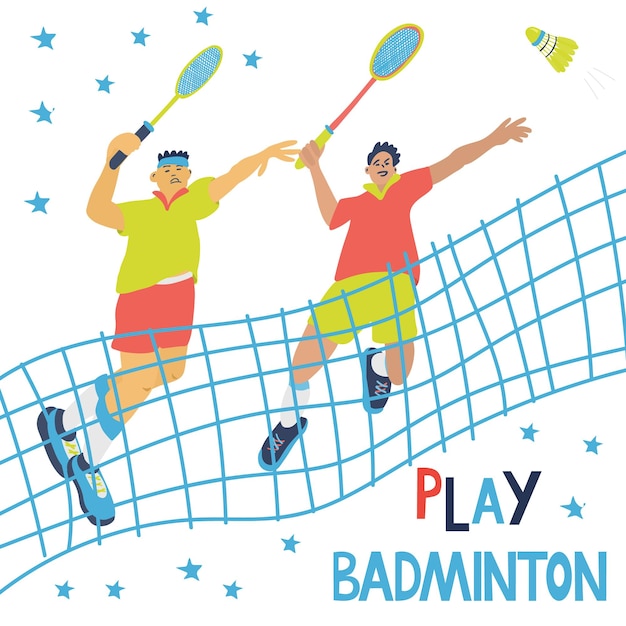 Doubles badminton game poster with sportsmen and net