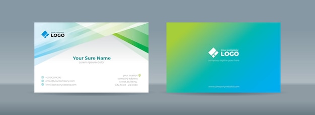 Doublesided business card templates with illustrations of stacked transparent greencyan triangles