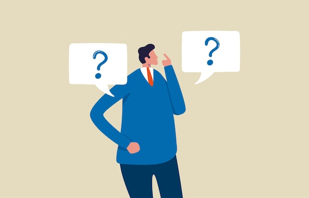 Doubting in decision right choice making Confused man deciding choosing between concept Businessman and question mark Illustration