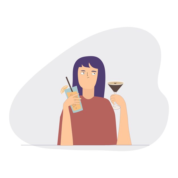Сомневающаяся женщина с коктейлем мартини эспрессо и свежим соком в руках выбор между алкоголем
