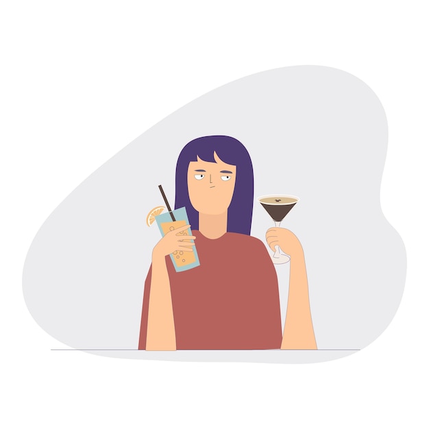 Vector doubting woman holding cocktail martini espresso and fresh juice in hands choice between alcohol