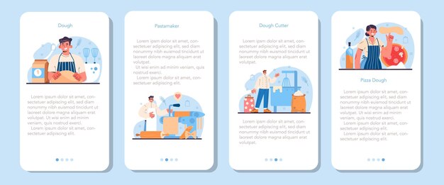dough products making mobile application banner set. baking industry, pastry baking process. pasta and pizza dough production. italian traditional food manufacturing. flat vector illustration