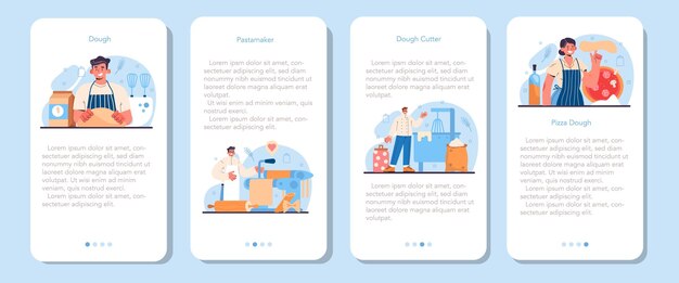 모바일 애플리케이션 배너 세트를 만드는 반죽 제품. 제빵 산업, 과자 굽는 과정. 파스타와 피자 도우 생산. 이탈리아 전통 식품 제조. 평면 벡터 일러스트 레이 션
