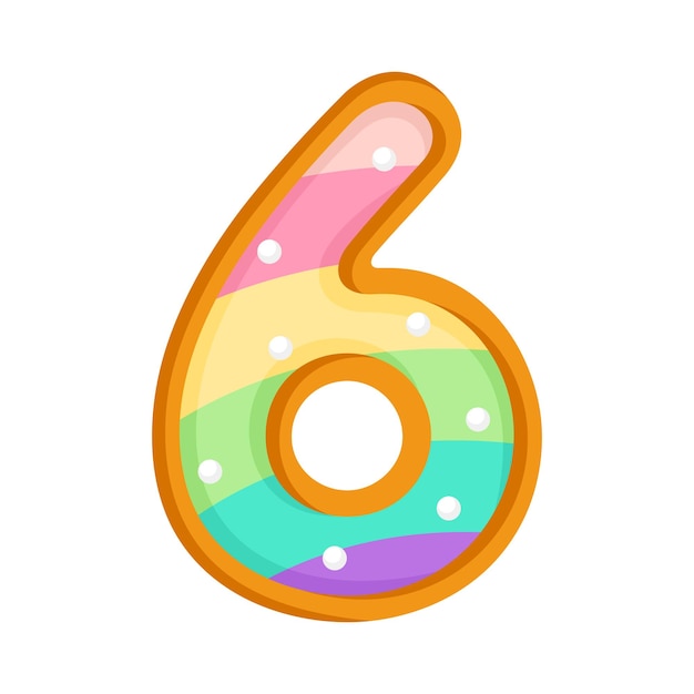 Vector doughnut cartoon number 6 glazed rainbow coloured donut digit six