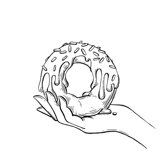손에 도넛 손으로 그린 그림.