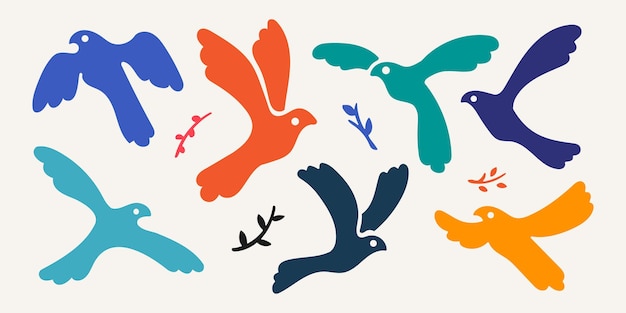 Vector dove bird matisse naïeve hippie groovy blob eigenzinnige stijl logo vector set pictogram illustratie bundel