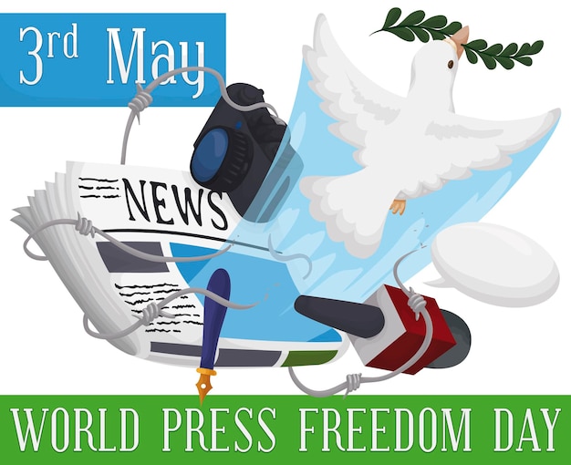 Dove breaking a barbed wire and releasing journalists working elements for World Press Freedom Day