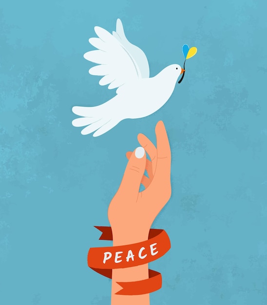 Vector dove flying by hand of peace with a flower in the colors the ukrainian flag hand drawn illustration