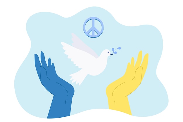 우크라이나 국기의 노란색 파란색으로 손에 날아가는 비둘기. 우크라이나 평면 벡터 삽화에서 평화를 위한 세계 사람들의 기도. 배너, 웹 사이트 디자인 또는 방문 웹 페이지에 대한 지원 개념