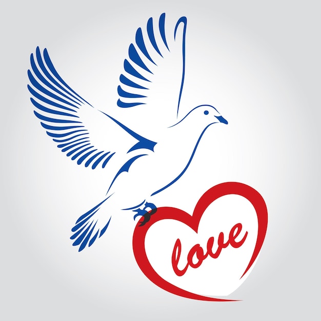 Dove flying with a red heart love Dove Of Peace Vector illustration